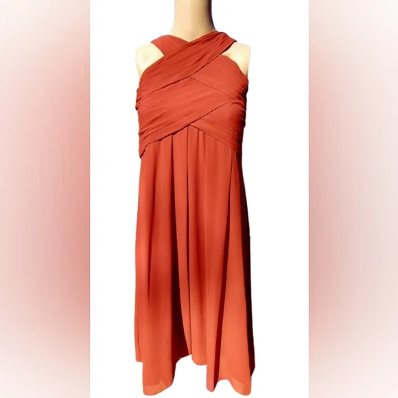 Bill Levkoff 82955 Rust CrissCross Boddice Chiffon Halter Pleated Formal Gown - Picture 5 of 10